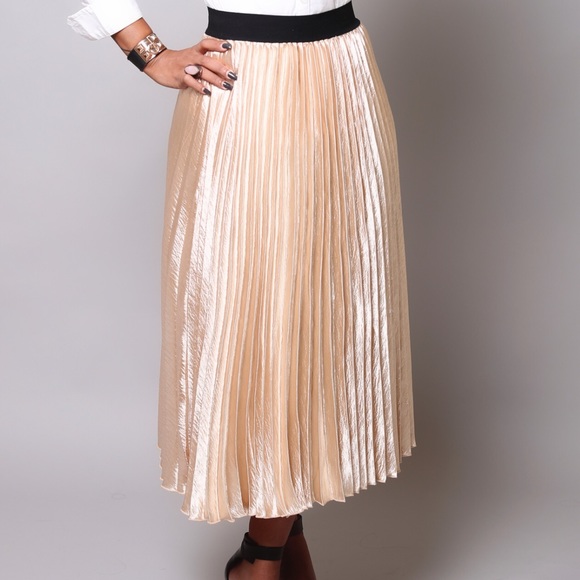 【U LAN】Apple Golden Pleated Skirt Accordion Pleated Gold Lame Skirt